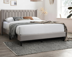 English Elm Modern Burlap Platform Bed Queen with Geometric Diamond Tufted Headboard, Sleek No-Box Spring Design Light Brown 66 L x 23 W x 9 H B011P238959