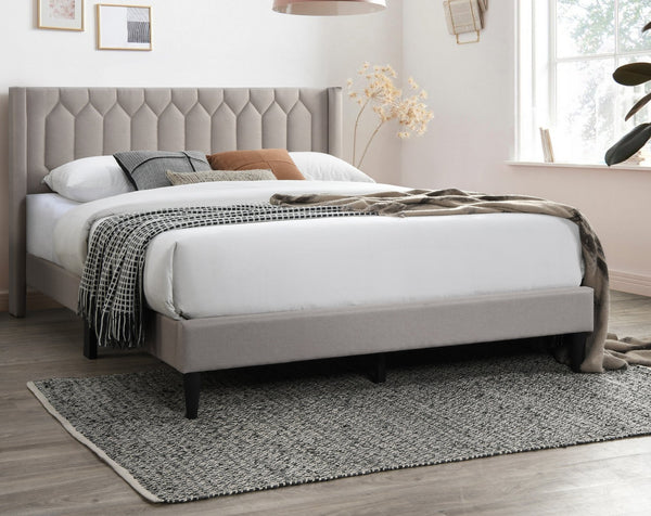 English Elm Modern Burlap Platform Bed Queen with Geometric Diamond Tufted Headboard, Sleek No-Box Spring Design Light Brown 66 L x 23 W x 9 H B011P238959
