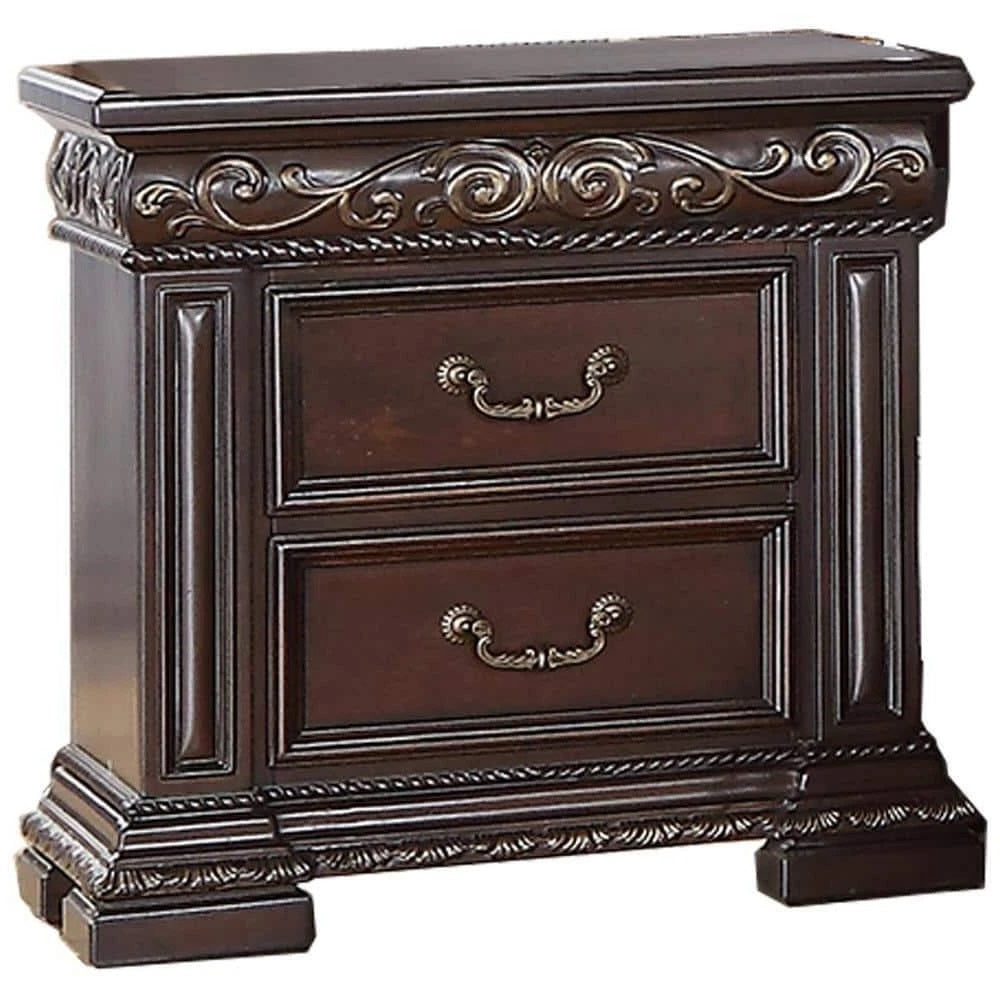 English Elm Traditional Solid Wood Nightstand with Carved Detail, 2 Drawers, Dark Cherry Finish, 29"L x30"H B011P353749