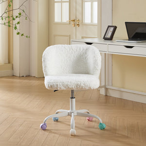 English Elm A&A Plush Faux Fur Office Chair with Ergonomic Wrap Back, Stable Metal Base, Breathable, Cute Wheels Ivory W1143P324154