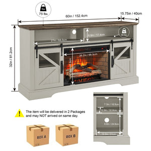 English Elm 60 Inch Farmhouse Electric Fireplace Tv Stand with Led Flame and Cabinet Storage W1769S00004