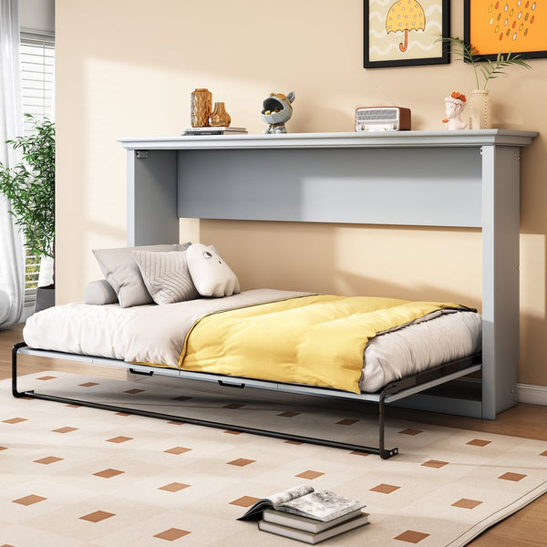 English Elm Twin Murphy Bed Cabinet Foldaway Gray — Space-Saving Twin Wall Bed with Integrated Legs, 1000lb Capacity GX002043AAE
