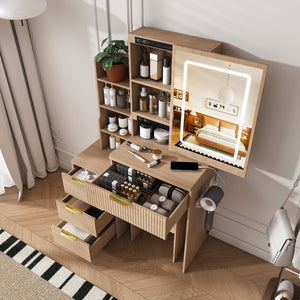 English Elm Modern Makeup Vanity Desk with Led Lighting Four Drawers Mirror and Built-in Power Outlet Walnut W509P465831