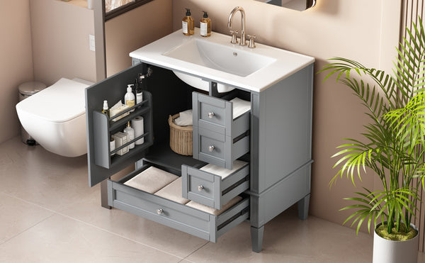 English Elm 30 30 Inch Bathroom Vanity with Ceramic Sink, Modern Compact 3-Drawer Storage Cabinet for Small Baths Grey N710P247499E
