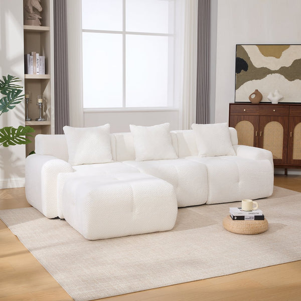 English Elm 104.3" Oversized 4-Piece L-Shaped Tufted Modular Sectional Sofa with Deep Seats, Ottoman & 3 Pillows Ivory W3118S00019
