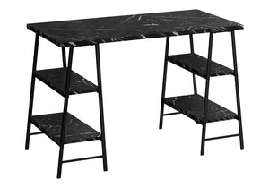 English Elm Computer Desk with Marble-Look Laminate Top and Industrial Metal Sawhorse Legs, 3-Tier Storage Black 51 L x 26 W x 5 H B2710P219817