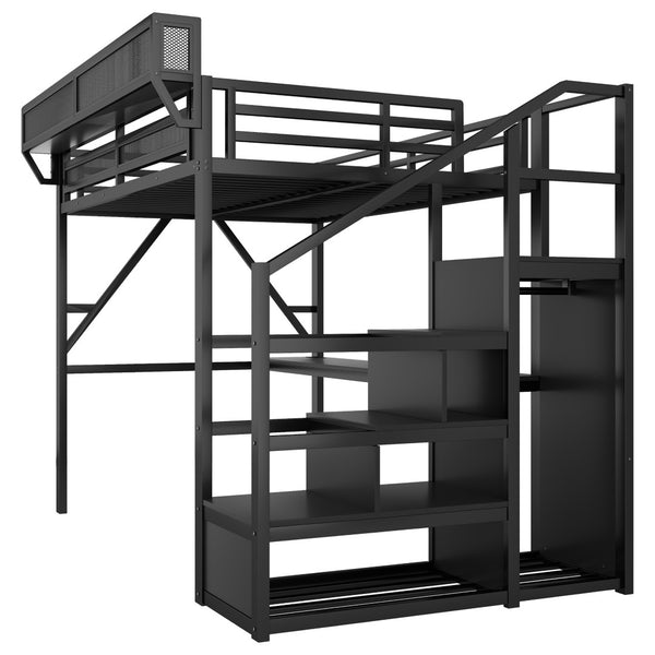 English Elm Queen Metal Loft Bed with Desk Charging Station Rgb Lighting and Storage Stairs W2580S00091