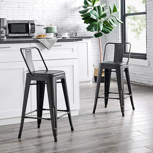 English Elm Modern Industrial Metal Barstools Set of 2 with Bucket Back, 24" Seat, Reinforced 4-Leg Durable Design Black B347P348831