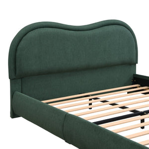 English Elm Queen Chenille Upholstered Curved Headboard Platform Bed with Oak Legs Solid Wood Slats W1716P428272