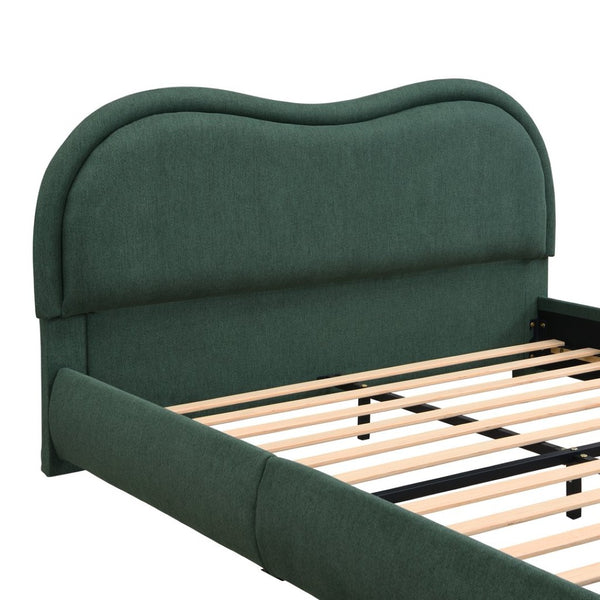 English Elm Queen Chenille Upholstered Curved Headboard Platform Bed with Oak Legs Solid Wood Slats W1716P428272