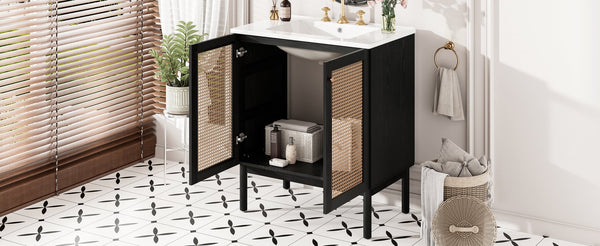 English Elm 30-inch bathroom vanity with handwoven rattan doors, ceramic sink, soft-close hinges, black bamboo elegance N729P285517B