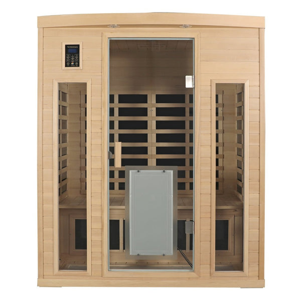 English Elm Low Emf Far Infrared Three Person Hemlock Sauna with Glass Door Heating Panels W632S00030