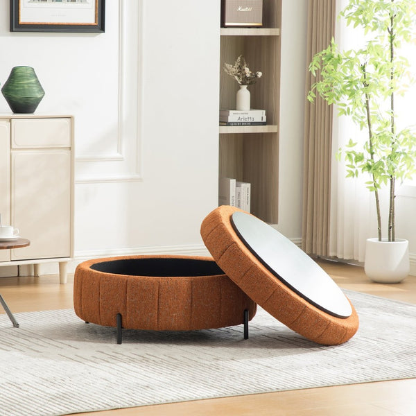 English Elm 31.3"w Chenille Channel Tufted Round Storage Ottoman Sculptural Pumpkin Seat for Any Room Orange W3118P439477