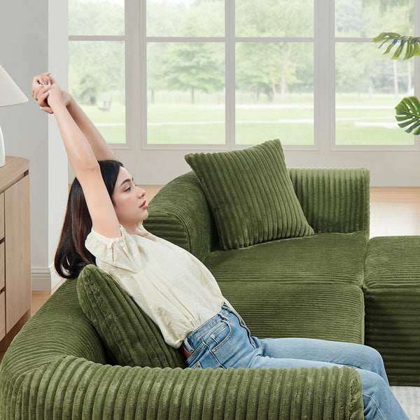 English Elm 114" Cloud Sectional Couch with L-Shape Chaise Modular Corduroy Sofa with Movable Ottoman, No Assembly Required, Plush Comfort for Living Spaces Green W1117P371655