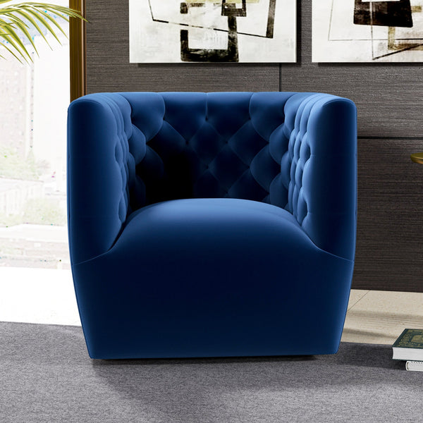 English Elm Ashcroft Furniture - Delaney Tufted Velvet Swivel Chair with Solid Wood Legs, Ergonomic Angled Back and Foam Support Blue B183P281227