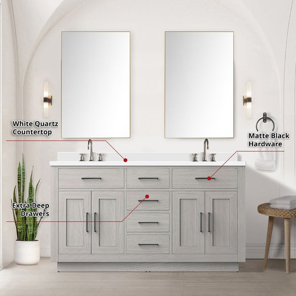 English Elm White Oak Double Bath Vanity Set With White Quartz Top, Frameless Mirror, And Chrome Faucets Included B2731S01696-GIGA