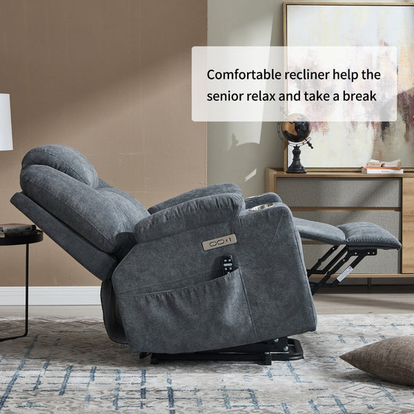 English Elm Up to 350 Lbs Chenille Power Lift Recliner with Massage Heating and Usb Charging Ports Grey W3224S00025