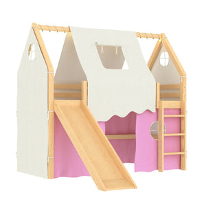 English Elm Twin Pine Loft Bed with House Frame Tent Led Lights Slide and Floor Space Below W1580S00289