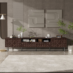 English Elm 78 Inch Walnut Media Console with Slatted Doors Iron Legs and Cable Management N710P373605Q