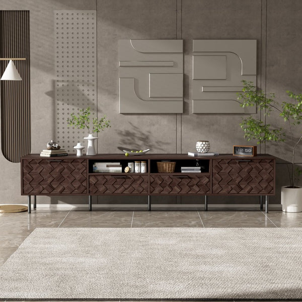 English Elm 78 Inch Walnut Media Console with Slatted Doors Iron Legs and Cable Management N710P373605Q