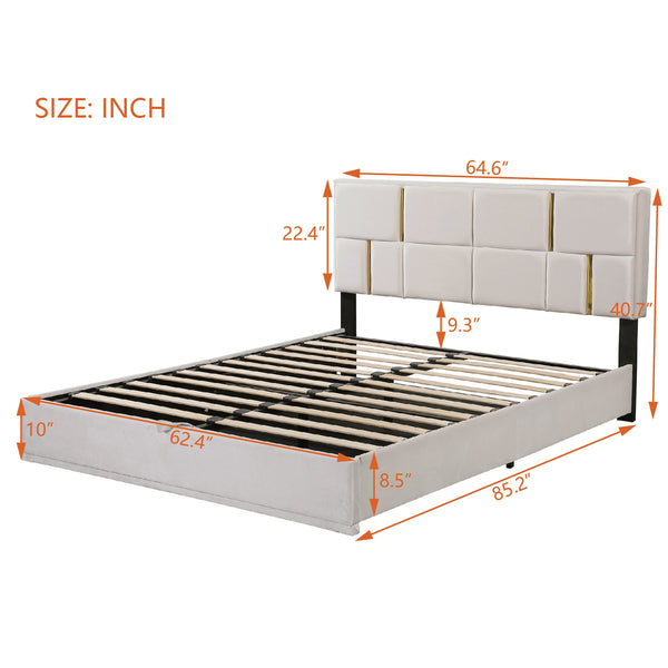 English Elm 2-Pieces Queen Upholstered Platform Bed with Hydraulic Lift and Spacious Storage Ottoman, Elegant Gold Trim Beige 50 L x 16 W x 13 H N733S207778A