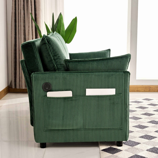 English Elm 55"convertible Corduroy Sofa Bed with Usb Port and Side Pockets for Small Apartments Green W3373P405040