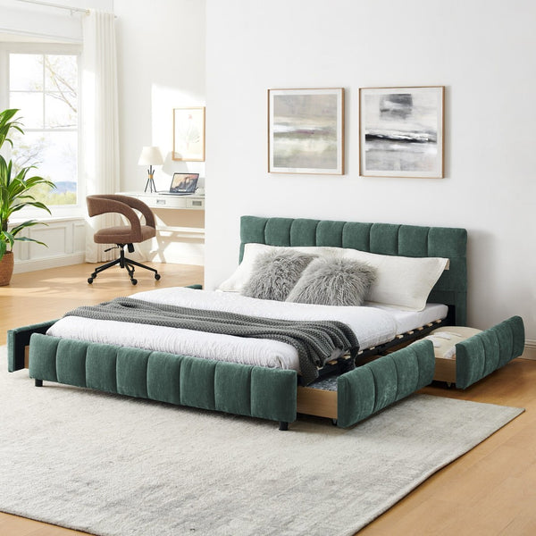 English Elm Queen Chenille Upholstered Platform Bed with Storage Drawers and Padded Headboard Blue+Green W487P235285