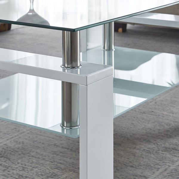 English Elm Artisan Center Coffee Table with Tempered Glass Tops, Stainless Legs, 2-Tier Drawers & Child Guards W1311P209825