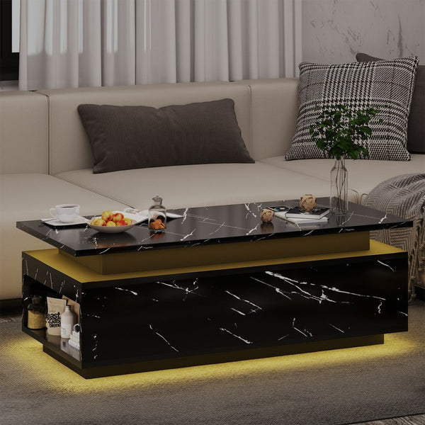 English Elm Coffee Table with Led Lighting Bluetooth Speaker Wireless Charging and Faux Marble Top Black T3773P415725