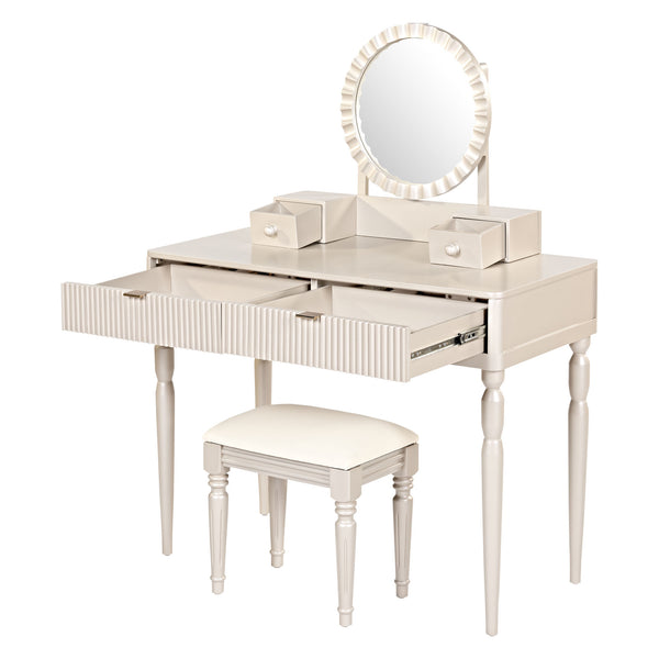 English Elm Luxury Vanity Desk with Sunflower Mirror, Height-Adjustable Makeup Table, 4 Drawers & Stool for Organized Glam Champagne N844P262897C