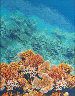 Unique Loom Outdoor Coastal Ariel Machine Made Border Rug Multi, Ivory/Navy Blue/Red/Turquoise/Orange/Brown/Blue 7' 10" x 10' 0"