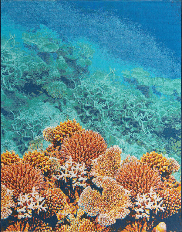 Unique Loom Outdoor Coastal Ariel Machine Made Border Rug Multi, Ivory/Navy Blue/Red/Turquoise/Orange/Brown/Blue 7' 10" x 10' 0"