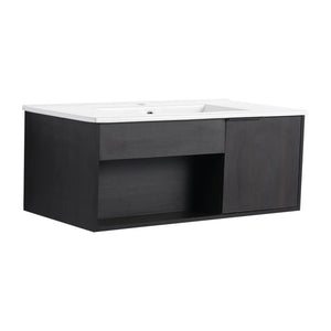 English Elm 36" Floating Bathroom Vanity Dark Oak Ceramic Sink Open Shelf Soft Close Storage W3450P435874