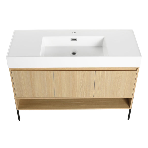 English Elm 48" Oak Bathroom Vanity Combo with One-Piece Resin Sink, Tripod Legs, Multi-Layer Solid Wood Cabinet W1972S00010