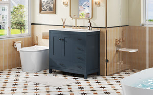 English Elm 36" Blue Bathroom Vanity with Ceramic Sink, 5 Drawers & Soft-Close Doors, Solid Wood Modern Storage N729P183735C