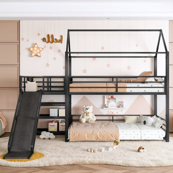English Elm Twin House Bunk Bed with Slide Storage Stairs and Safety Rails for Kids Rooms W1580S00648