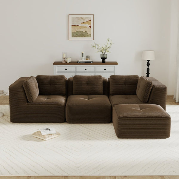 English Elm Modern Corduroy Sectional Sofa Tufted 3 Seater with Movable Ottoman Deep Seat Brown W714S01808