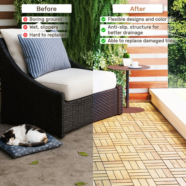 English Elm 30 Interlocking Deck Tiles Checker Pattern 12" x 12" Acacia Hardwood Outdoor Flooring Waterproof, DIY-Friendly, Mold-Resistant Yellow W2391P288867