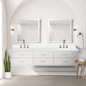 English Elm White Double Bath Vanity 84 in W x 22 in D with White Quartz Top, Chrome Faucets & Dual 36" Mirrors B2731S01844