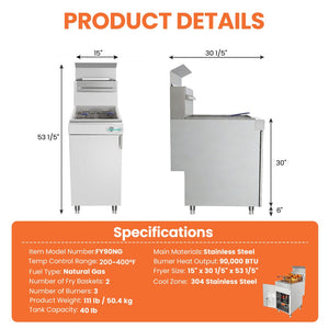 English Elm 90,000 Btu Triple Burner Natural Gas Fryer with 40 Lb Capacity for Restaurants W3629P365491