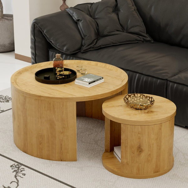 English Elm Round Nesting Coffee Tables with Wood Grain Tops Minimalist Set for Living Room W1727S00091