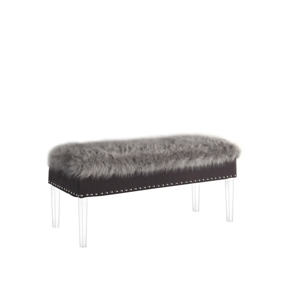 English Elm 20" Plush Gray Horice Mid-Century Tufted Storage Bench with Faux Fur, Acrylic Legs & Nailhead Trim, 45"L B072P222453