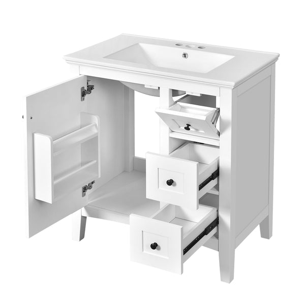 English Elm 30 Inch Bathroom Vanity with Ceramic Sink and 3 Smooth-Glide Drawers, Modern Moisture-Resistant Storage White N710P252105K