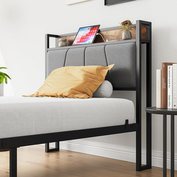 English Elm Twin Twin Size Bed Frame with Storage Headboard, USB Charging Ports, Gray Upholstered, Sturdy Metal Slats W840120026