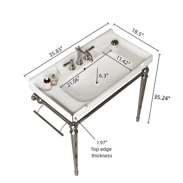 English Elm VICI 36" Bathroom Console Sink with Integrated Ceramic Basin, 3-Hole Faucet, Stainless Legs & Towel Bar Chrome,White W2615S00118