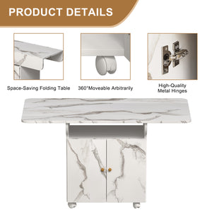 English Elm 47" Wood Folding Dining Table with Marble Top, Wheels, Storage Cabinet & Drawers — Versatile Space-Saver W2700P203216