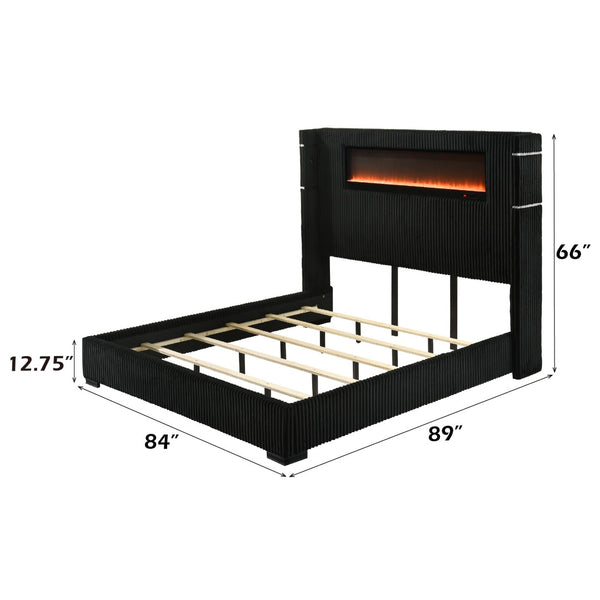 English Elm Garner Corduroy Eastern King Bed with Fireplace Led Lighting and Bluetooth Speaker B2756S00003