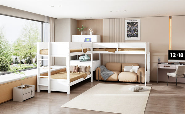 English Elm Twin L-shaped Bunk Bed Pine Wood Corner Design with Desk Drawers and Usb Charging White N820S00079K
