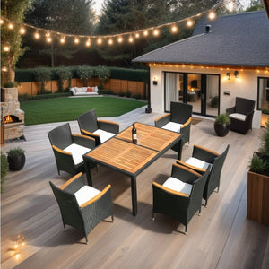 English Elm Eelifee 7-Piece Outdoor Wicker Dining Set With Acacia Wood Top - Stylish, Durable, And Comfortable! W329S00006