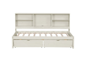 English Elm Twin Storage Bed with Bookcase Headboard Built-in Usb Charging and Two Drawers Creamy White W697S00037